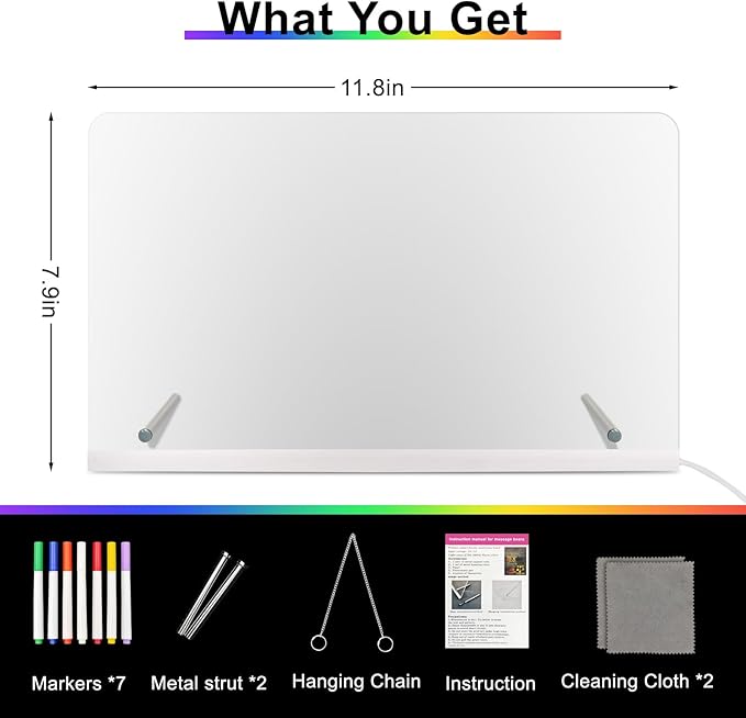 Doodle Glow LED Drawing Board - Reusable Acrylic Dry Erase Light Board with 7 Color Markers, Hangable & Standable Gift for Kids, Home, Office (11.8"x7.9")