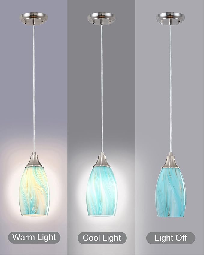 Mini Art Glass Pendant Lights Kitchen Island,Handcrafted Teal with Gold Glass Ceiling Pendant Lighting Brushed Nickel Adjustable Cord Hanging Lamp Cover for Coffe Bar,Dining Room 3pack