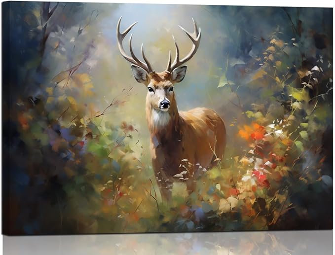 Deer Wall Art Decor Elk Canvas Pictures Forest Landscape Theme Art Print Wildlife Canvas Artwork for Living Room Watercolr Animal Canvas Art for Bedroom Bathroom Home Office Decorations(24"×36")