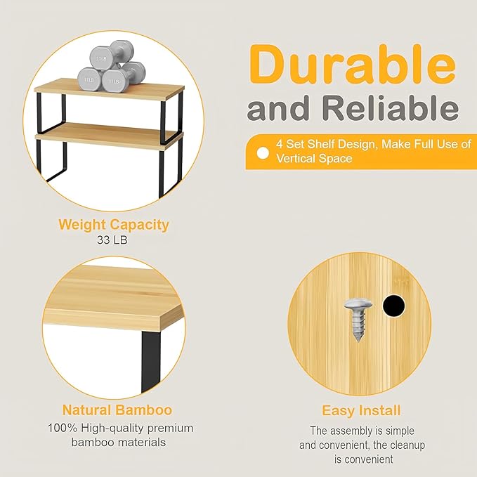 2 Pack Cabinet Organizer Shelves, Stackable and Expandable Kitchen Counter Shelf, for Kitchen Cabinet Countertop Storage, Spice Rack, Metal and Premium Bamboo (Black, 11.7" W)