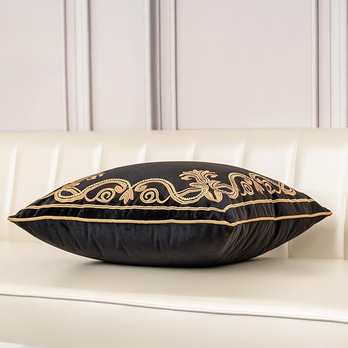 Aeckself European Floral Pillow Cover 16x16 Inch, Luxury Velvet Embroidered Decorative Throw Pillow Cover for Couch Bedroom Living Room, Black and Gold