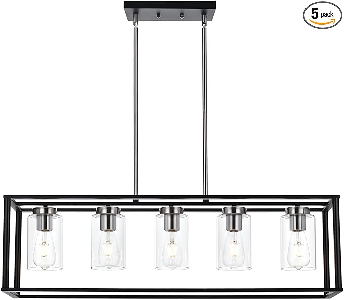 VINLUZ Modern Chandeliers Brushed Nickel and Black 5 Light Rectangle Dining Room Lighting Fixtures Hanging with Clear Glass Shade, Farmhouse Kitchen Island Pendant Lights Ceiling for Living Room