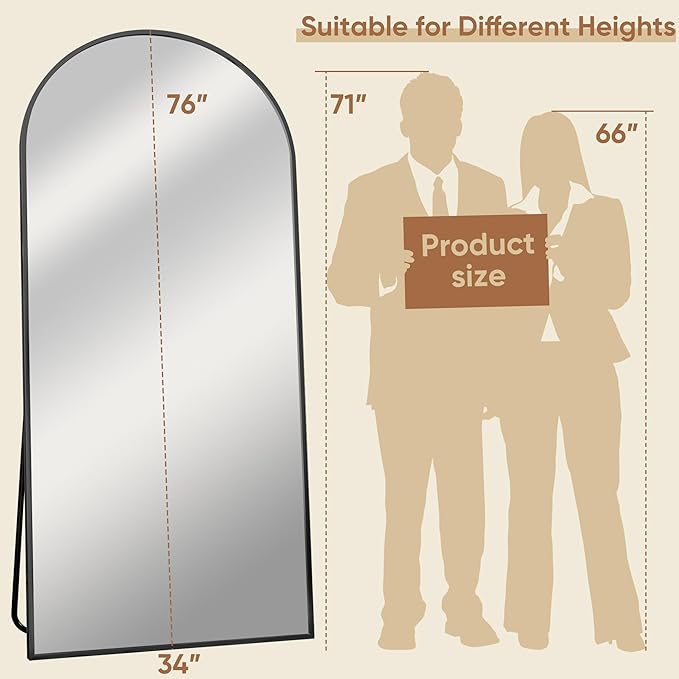 Full Length Mirror, 76"x34" Oversized Arched Mirror Large Standing Mirrors, Tall Mirrors Body Floor Mirror for Bedroom Living Room Aluminum Frame,Black