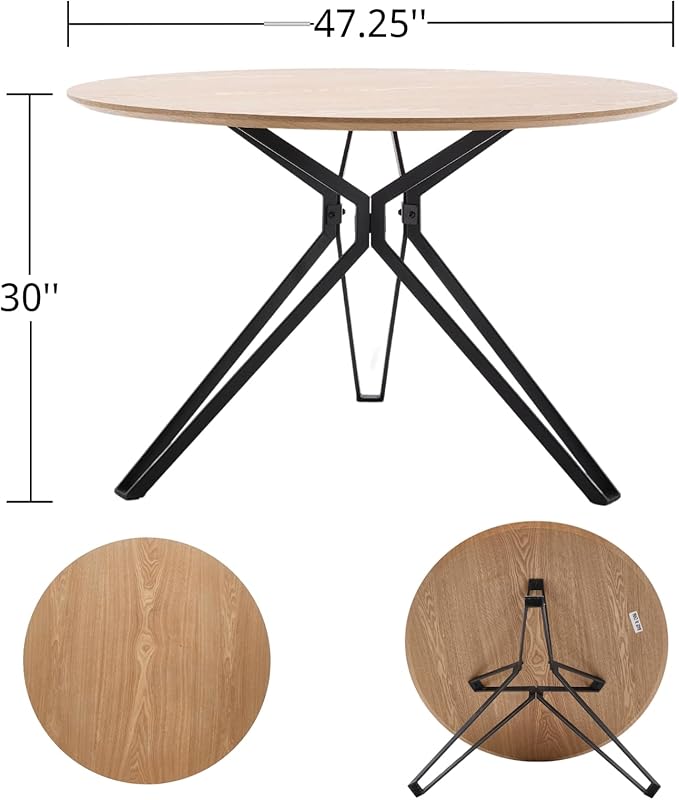 DUOMAY 47'' Round Dining Table for 4-6 Person, Mid-Century Modern Solid Wood Dining Room Table, Dinner Table with Intersecting Pedestal Metal Base for Kitchen, Office, Living Room, Natural