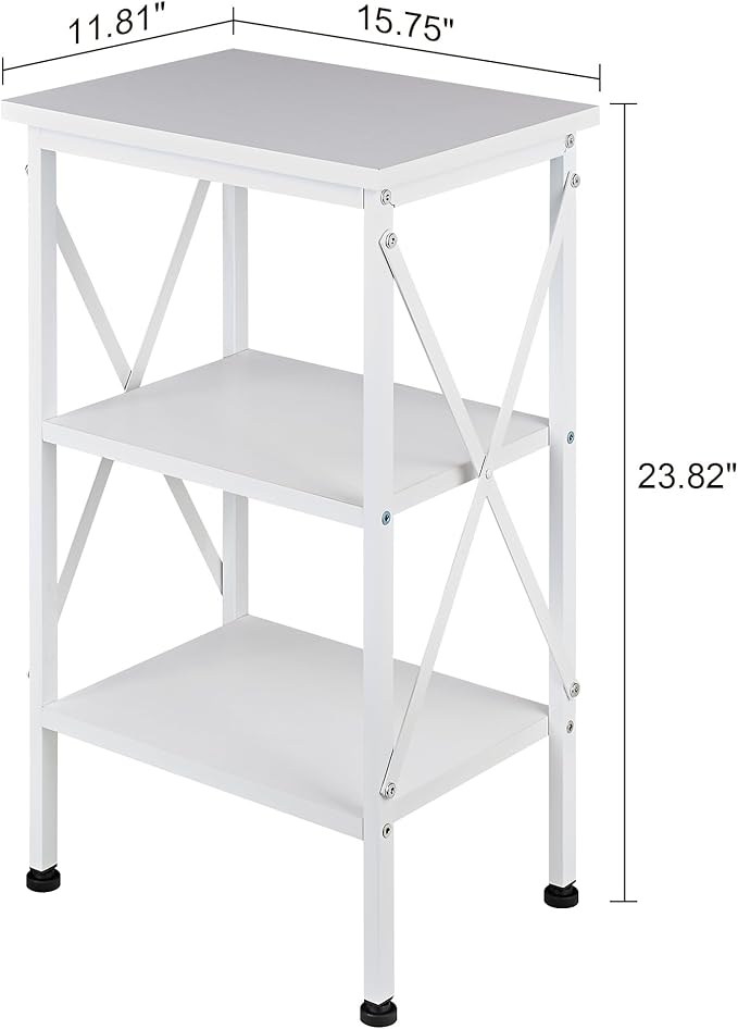 VECELO End Table, Bedside Table, 24" Tall Living Room End Tables, X-Design Reinforced Nightstands, Side Table with 3-Tier Storage Shelves for Small Spaces, Office, Bathroom, Bedroom, Pearl White