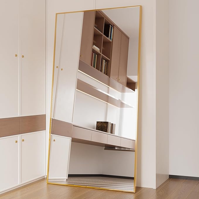 Beauty4U 76" x 37" Large Full Length Mirror with Stand, Gold Wall Mounting Full Body Tempered Mirror, Metal Frame Full-Length Mirror for Living Room, Bedroom