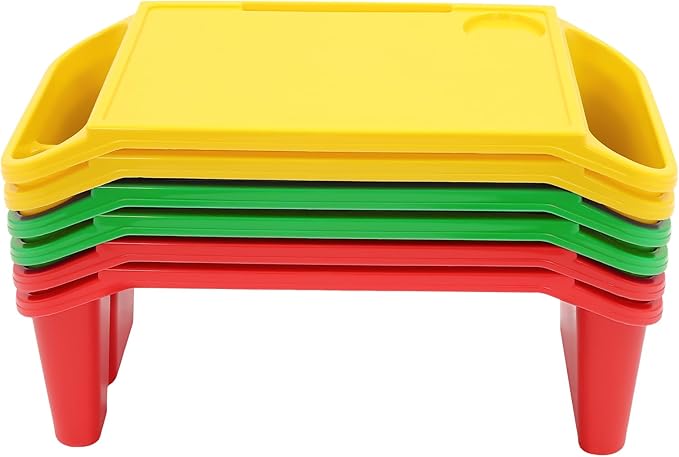 6 Pcs Kids Lap Desk Tray, Plastic Breakfast Lap Desk Trays with Side Pockets and Slot, Portable Lap Table Snack Tray for Eating, Writing, Drawing, Game, 19.69" L x 9.84" W x 7.1" H (3 Colors)