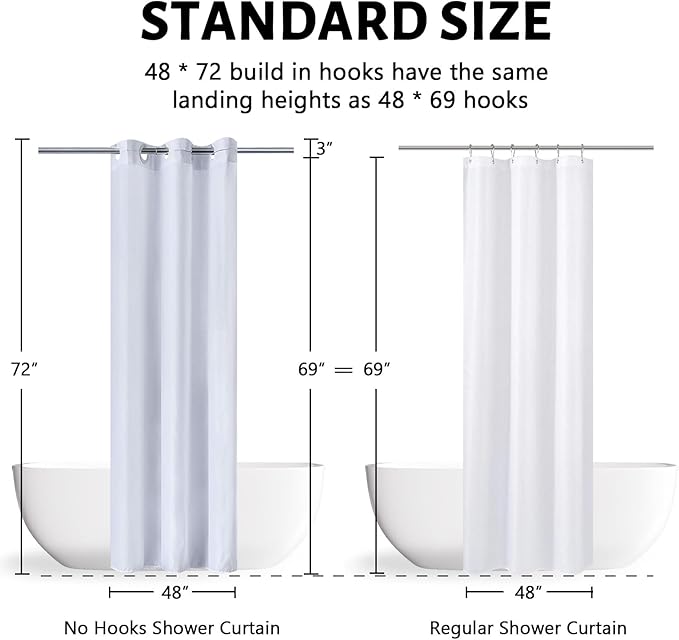 No Hook Fabric Shower Curtain,Small Stall Shower Curtain Liner,Bathroom Curtains with 6 Plastic Split Grommets,Waterproof & Machine Washable,White,Half Narrow 48x72 Inch