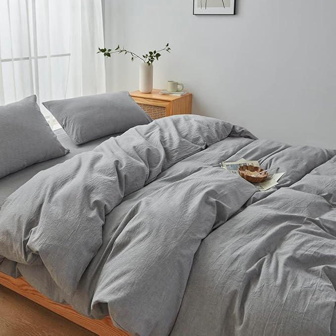 FACE TWO FACE Bedding Duvet Cover Set100% Washed Cotton Duvet Cover Linen Like Textured Breathable Durable Soft Comfy (King, Light Grey)