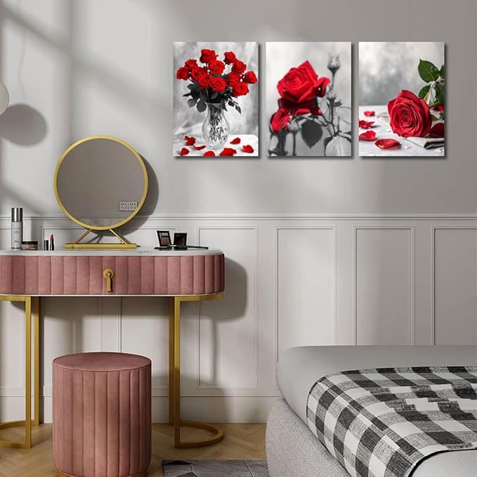 Arjun Rose Wall Art Flower Red Floral Painting Modern Elegant Bloosom Modern Pictures Framed for Living Room Bedroom Bathroom Dinning Room Kitchen Home Office Wall Decor, 12"x16"x3 Panels