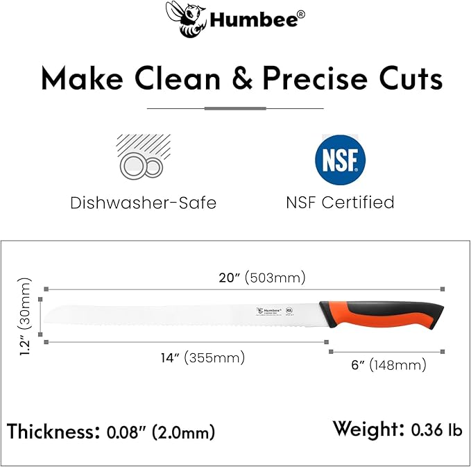 14-Inch Serrated Bread Knife, Premium High Carbon Stainless Steel Blade Knife for Bread with Ergonomic Handle, NSF Certified, DT-30 Series, Orange