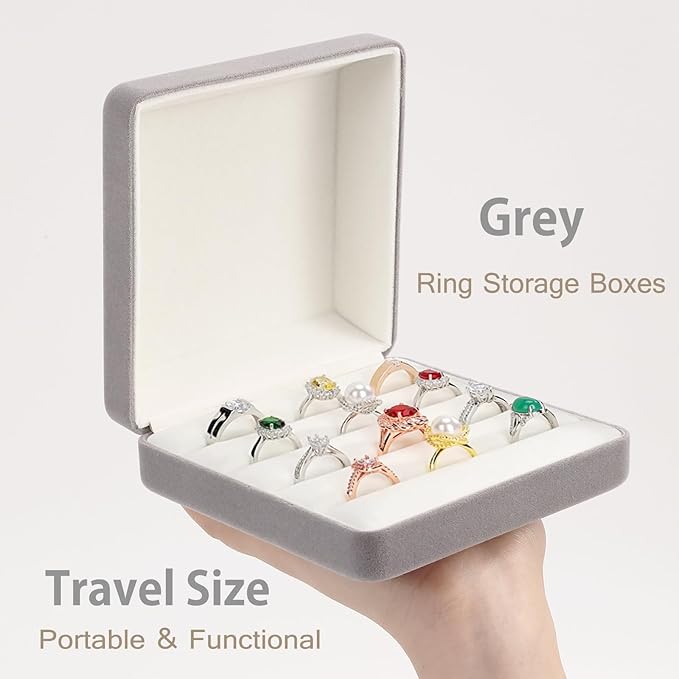 Ring Storage Boxes for Multiple Rings, Compact and Stylish Travel Jewelry case, Portable Small jewelry Organizer Box Tray Gift for Women, Girl(Grey)