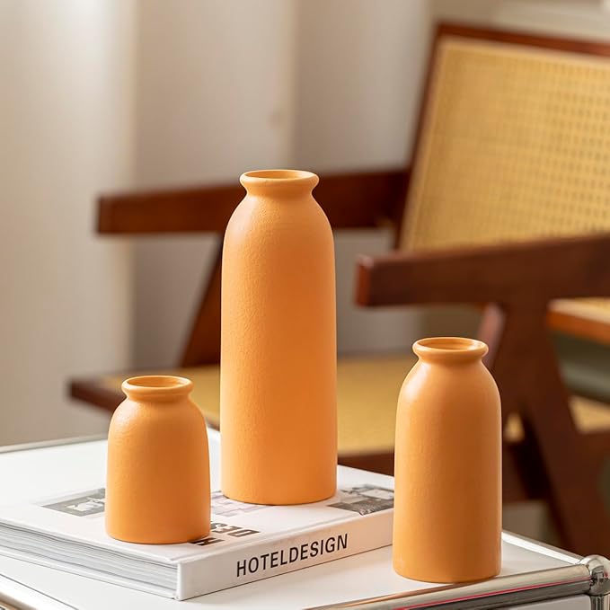 Ceramic Vase Set-3, Small Flower Vases for Decor, Modern Boho Farmhouse Style, Decorative Vases for Pampas Grass & Dried Flowers, Distressed Finish (Orange)