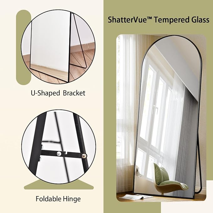 BEAUTYPEAK 71"x30" Arch Full Body Floor Mirror, Full Length Mirror Wall Mirrors Hanging or Leaning Arched-Top with Stand for Bedroom, Dressing Room, Black