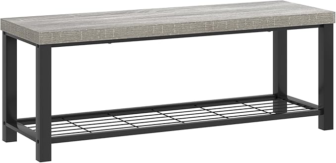 FOLUBAN Entryway Bench, Vintage Wood and Metal Storage Bench with Metal Shelf, Indoor Shoe Rack Bench Seat for Living Room, Bedroom, Hallway, Entrance, Light Grey, 47 Inch