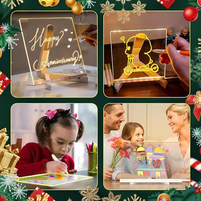 LED Note Board with Colors, Light Up Acrylic Message Board, Led Drawing Board, Illuminated Acrylic Notepad with Adjustable Stand and 7 Pens (5.9" × 5.9")