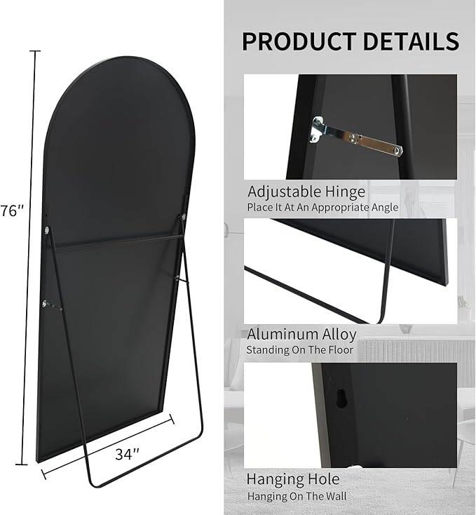 Beauty4U 76" x 34" Large Arched Full Length Mirror with Stand, Black Wall Mounting Full Body Tempered Mirror, Metal Frame Full-Length Mirror for Living Room, Bedroom