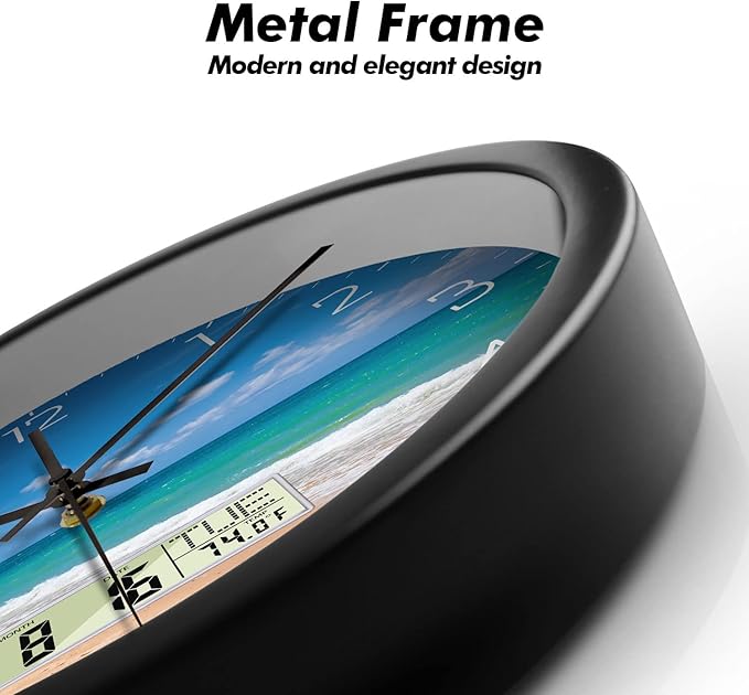 Modern Wall Clocks with Calendar and Date Ocean Wave Sea Beach Digital Clock Large Display Non-Ticking Kitchen Silent Clock with Day and Temperature for Elderly Farmhouse Living Room Bathroom 12 Inch