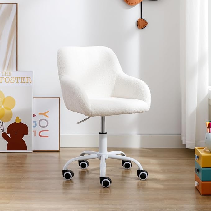 LukeAlon Kids Adjustable Desk Chair, Sherpa Study Chair with Swivel Base Upholstered Cute Reading Chair Comfy with Arms for Girls Children, White
