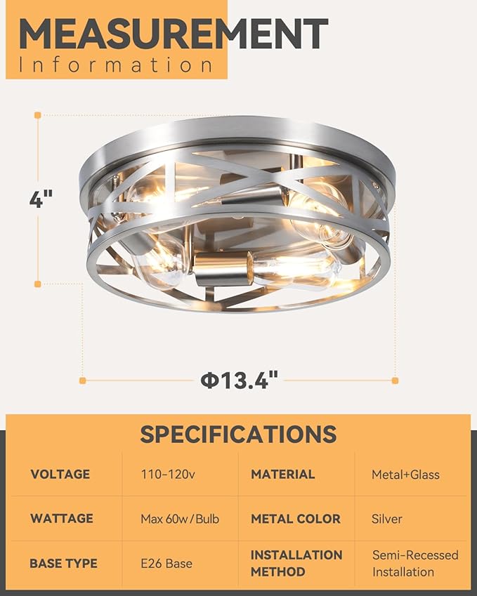 13 Inch Ceiling Light Fixtures, 4-Light Brushed Nickle Flush Mount Ceiling Light, Metal Cage Cross Modern Indoor House Close to Ceiling Lights for Kitchen Bedroom Foyer Hallway Office