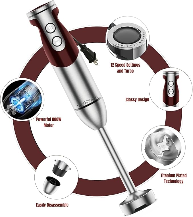 3-in-1 Immersion Hand blender, Powerful MOTOR & Stainless Steel Stick Blender, 4 Sharpe Blades with Whisk, Milk Frother Attachments