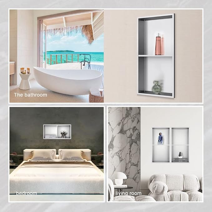 Shower Niche, 12"x24" No Tile Needed, The Insert Storage Rectangle Double Shower Shelf is Easy to Install, Stainless Steel, Brushed Nickel