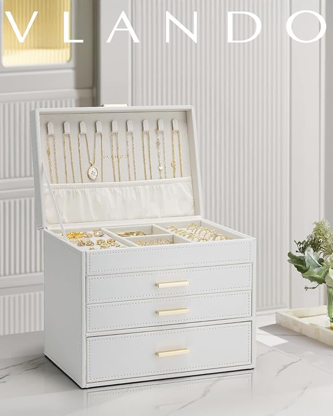 Vlando 4 Layer Large Jewelry Box - Jewelry Holder Organizer, Jewelry Box Organizer for Drawer Necklace Ring Bracelet and Watch, Birthday Gift for Loved Ones - White