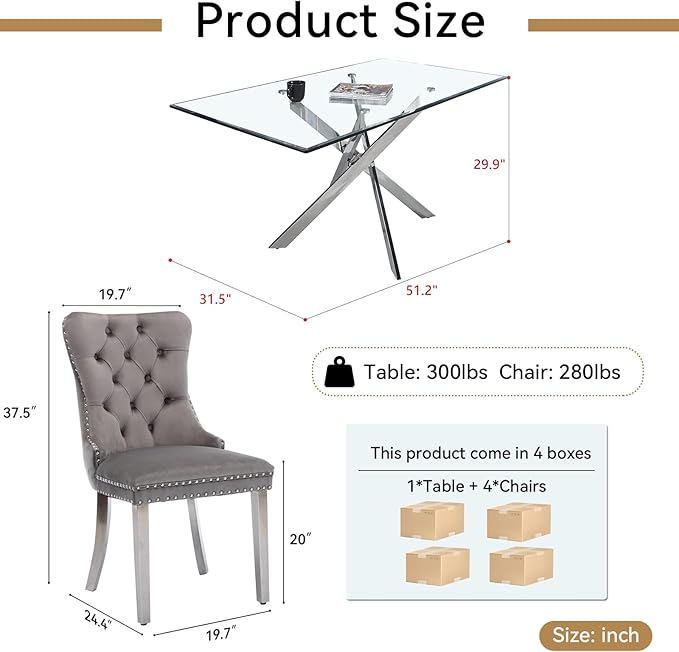 Goujxcy 51" Glass Dining Table Set for 4, Modern Kitchen Table and Chairs Set w/Steel Legs, 5-Piece Dining Table Set w/Glass Silver Dining Table and 4 Grey Velvet Chairs for Kitchen Dining Room