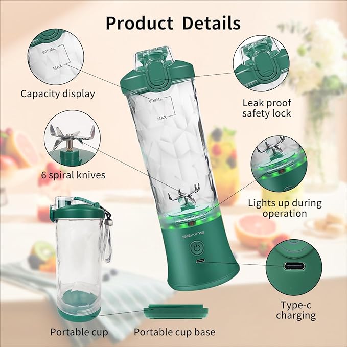 Portable Blender - Personal Blender for Shakes & Smoothies with 20 Oz Travel Cup, 6 Blades & USB Rechargeable for Gym, Kitchen & Outdoors (Green)