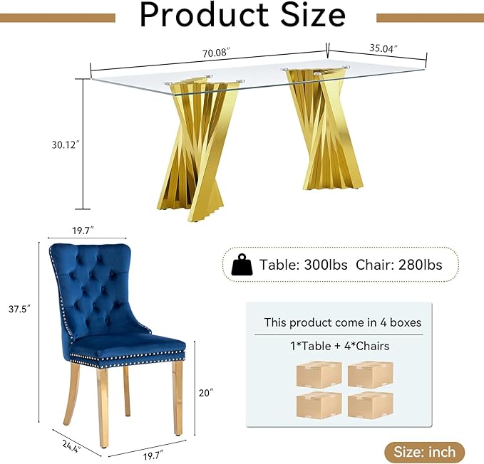 Goujxcy Modern 5 Piece Glass Dining Table Set Luxury Glass Kitchen Table and Chair Set for 4, 70" Large Rectangular Dining Room Table with 4 Tufted Chairs and Stainless Steel Legs (Gold & Blue)