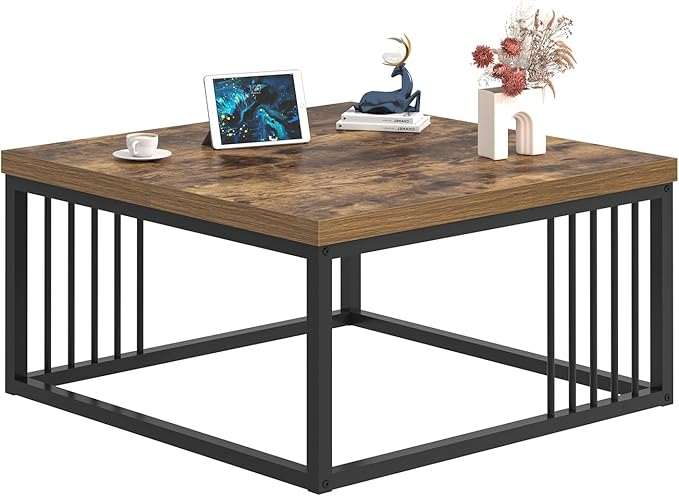 FOLUBAN Modern Coffee Table, Square Center Table for Living Room, Industrial Rustic Wood and Metal Cocktail Tea Table, 31.5 Inch, Brown