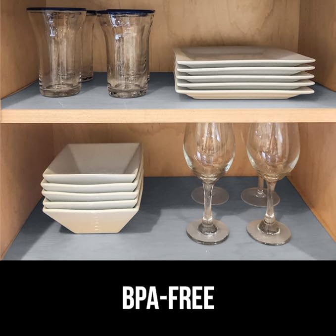 GORILLA GRIP DuraGuard Shelf Liner, Non-Adhesive Cabinet Liners for Kitchen Drawers, Shelves, Refrigerator, Pantry Storage, Bathroom Closet, Durable Waterproof BPA Free Ribbed Plastic, 20x10 Gray