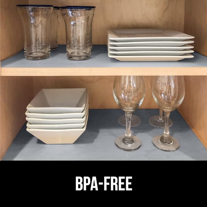 GORILLA GRIP DuraGuard Shelf Liner, Non-Adhesive Cabinet Liners for Kitchen Drawers, Shelves, Refrigerator, Pantry Storage, Bathroom Closet, Durable Waterproof BPA Free Ribbed Plastic, 17.5x10 Gray