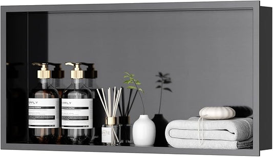 POPFLY No Tile Shower Niche, Stainless Steel Shower Niche 24"X12", Single Shelf No Tile Needed Recessed Bathroom Wall Niches, Dark Grey
