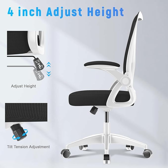 naspaluro Ergonomic Office Chair, Mid-Back Computer Chair with Adjustable Height, Flip-Up Arms and Lumbar Support, Breathable Bright White Mesh Desk Chair for Home Study Working