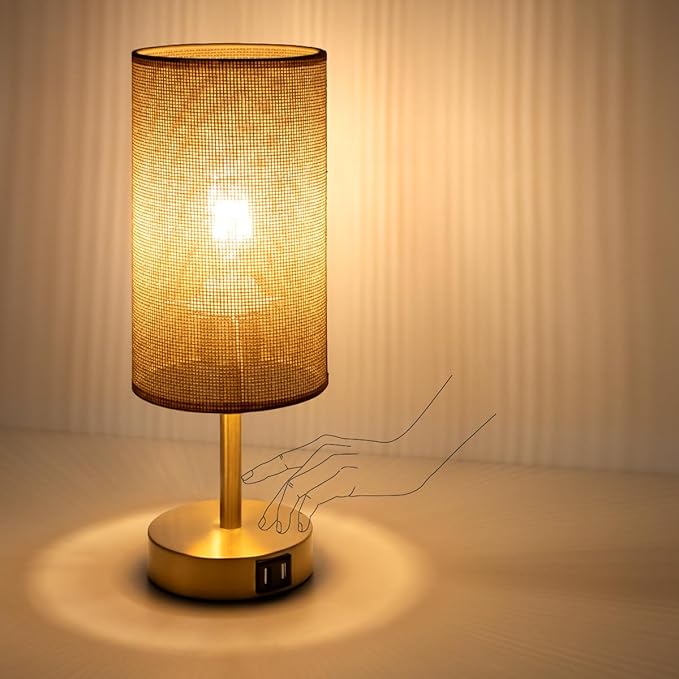 Yarra-Decor Bedside Lamp with USB Port - Touch Control Table Lamp for Bedroom Wood 3 Way Dimmable Nightstand Lamp with Round Flaxen Fabric Shade for Home Office (LED Bulb Included) (Y - NET)