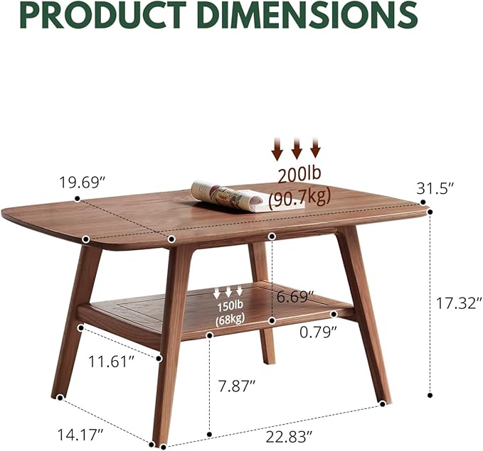 2-Tier Solid Oak Wood Coffee Table - Practical Center Table with Double Storage for Small Apartments, Living Rooms, Bedrooms, and Offices (Walnut, 31.49" D x 19.68" W x 17.32" H)