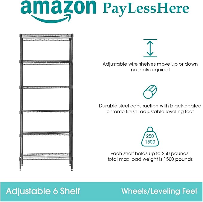 PayLessHere 6-Shelf Adjustable Standing Shelf Storage Shelf Wire Shelving Unit Metal Shelves Unit Shelving 13" W X 23D X 59 "H,Black