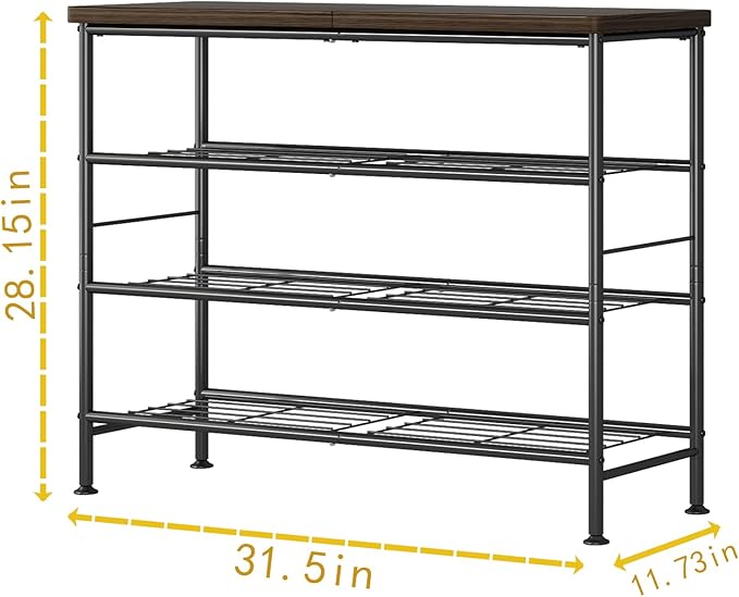Shoe Rack Organizer 4 Tier for Closet Entryway Free Standing Metal Storage Shoe Shelf with MDF Top Board，Black