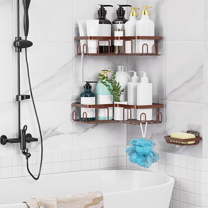 Moforoco Adhesive Corner Shower Caddy, 3 Pack Organizer with Soap Holder and 12 Hooks, Rustproof Shower Shelves for Bathroom, Brown