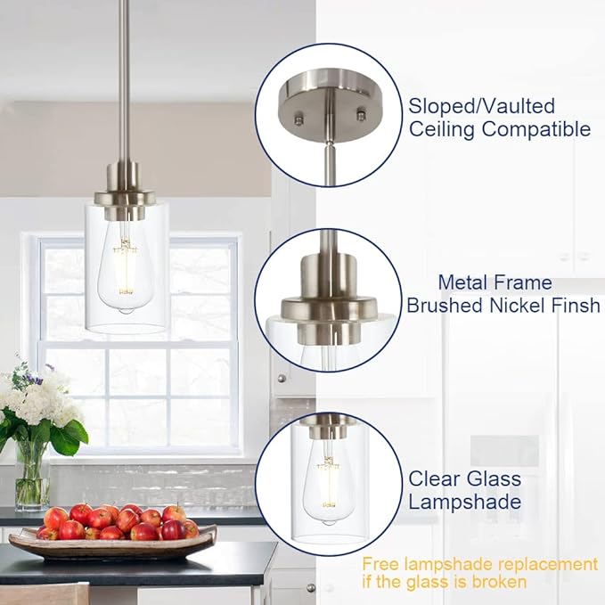 Modern Clear Glass Pendant Light in Brushed Nickel, Single Hanging Pendant Lighting for Farmhouse Entryway Dining Room Kitchen Island Foyer