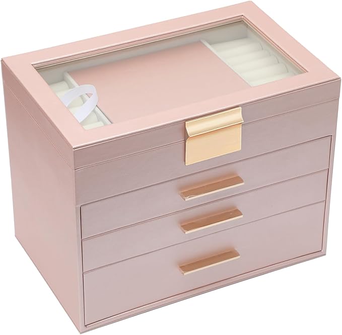 BOOVO Jewelry Boxes for Women, White and Black 4 Layer Large Jewelry Box for Necklace, Bracelet, Earrings, Rings Storage, Jewelry holder Organizer for Girls Gift (Rose gold, 4 layer)