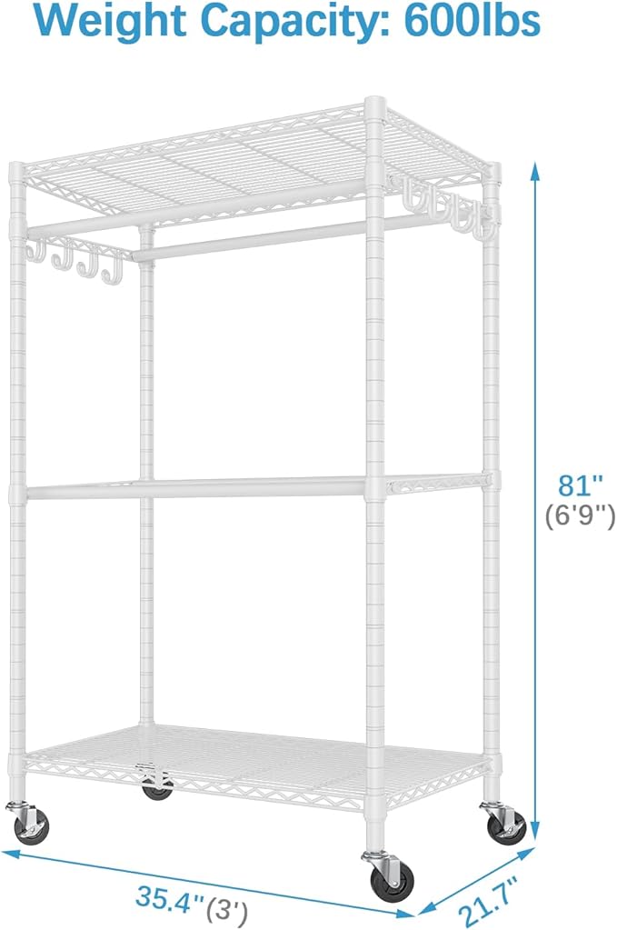 VIPEK R2 Pro Rolling Garment Rack Heavy Duty Clothes Rack with Locking Wheels Adjustable Shelves 2-Sided Hanging Rods Metal Closet Freestanding Clothing Racks, Max load 600lbs, White