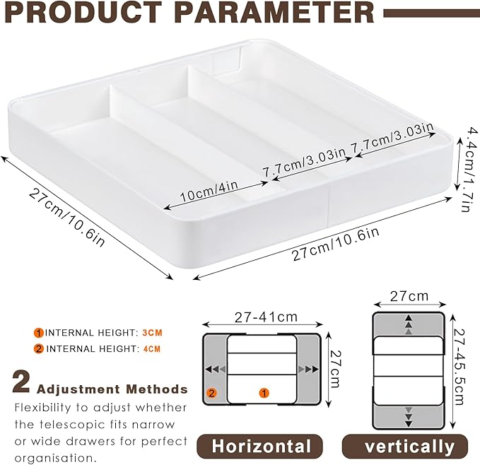 Expandable cutlery drawer organizer, silverware drawer organizer, freely adjustable large kitchen utensil tray with partitions, large adjustable plastic cutlery tray for knives, forks, spoons, white