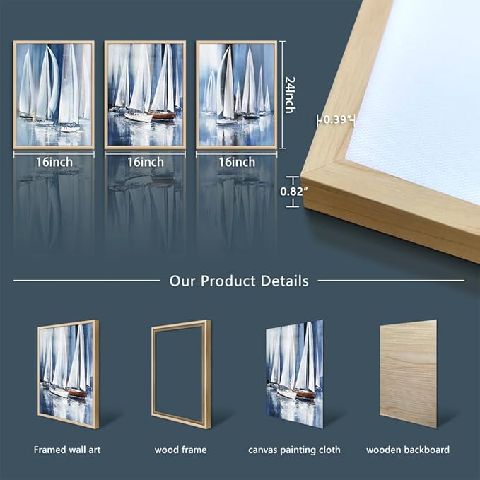 Natural Wood Framed Wall Art For Living Room Wall Deco For Bedroom Office Decor Wall Hanging Decor Abstract Seascape Painting Sailboat Pictures Artwork Home Decorration 3 Piece Framed Art Prints