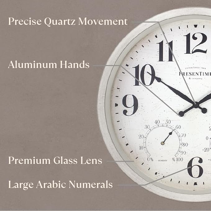 Presentime & Co 16" Farmhouse Series in/Outdoor Clock with Thermometer & Hygrometer, Weathered White Color. Weather Thermometer, Weather Station, Farmhouse Décor, Outdoor Décor, Wall Décor.