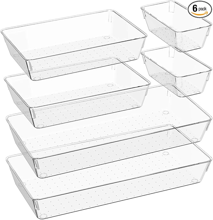 6 PCS Large Drawer Organizer, 3Sizes Plastic Versatile Desk Drawer Organizer Trays with Non-Slip Silicone Pads, Storage Bins for Makeup, Office, Kitchen Gadgets Utensils, Bedroom, Tools, Bathroom