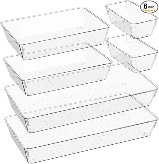 6 PCS Large Drawer Organizer, 3Sizes Plastic Versatile Desk Drawer Organizer Trays with Non-Slip Silicone Pads, Storage Bins for Makeup, Office, Kitchen Gadgets Utensils, Bedroom, Tools, Bathroom