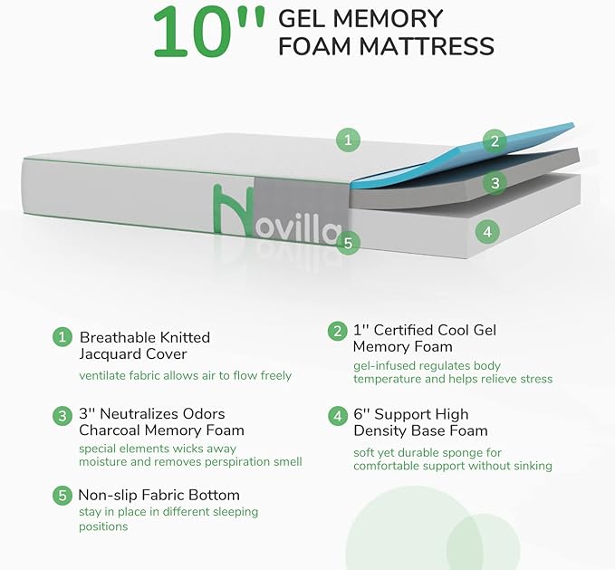 Novilla Queen Mattress, 10 Inch Gel Memory Foam Mattress Queen Size for Cool Night Sleep & Pressure Relief, Medium Firm with Breathable Bamboo Cover, Mattress in a Box, Lullaby