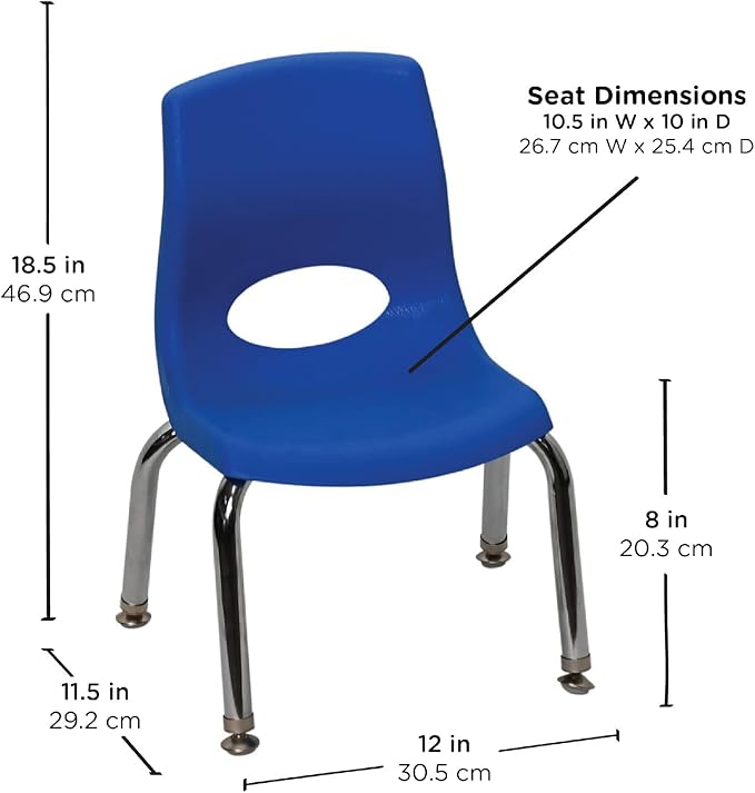 Children’s Factory MyPosture Plus 8" Chair, Blue with Chrome Legs, 2 Pack, Stackable Ergonomic Seating Solution for Classrooms and Homeschools